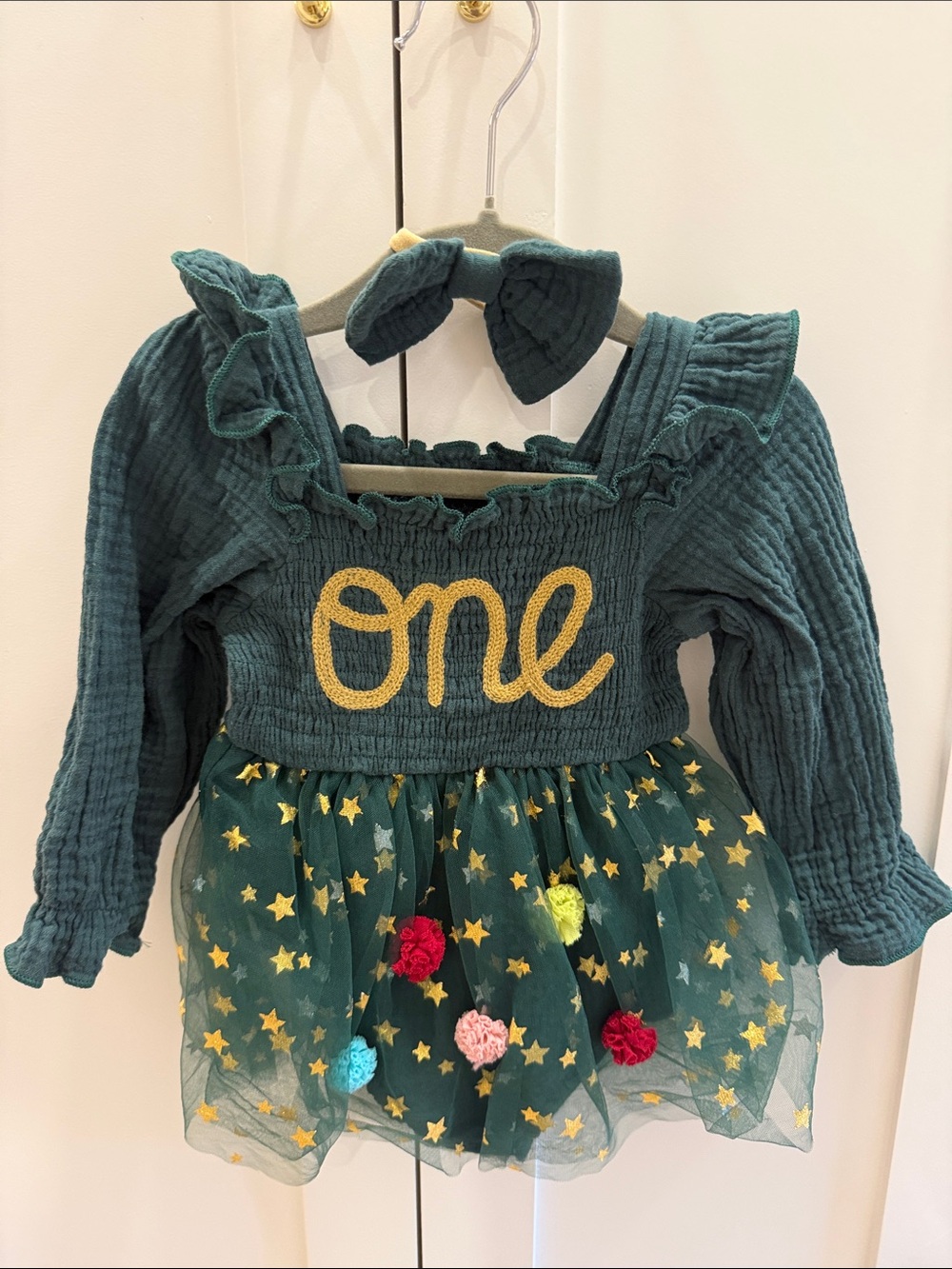 Green "One" Baby Dress with Star Tulle Skirt